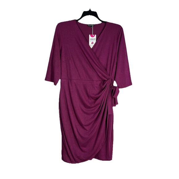 Bery Dress Women's V Neck 3/4 Sleeve Belt Tulip Hem Ruched Purple XL Wrap Dress - Picture 1 of 10